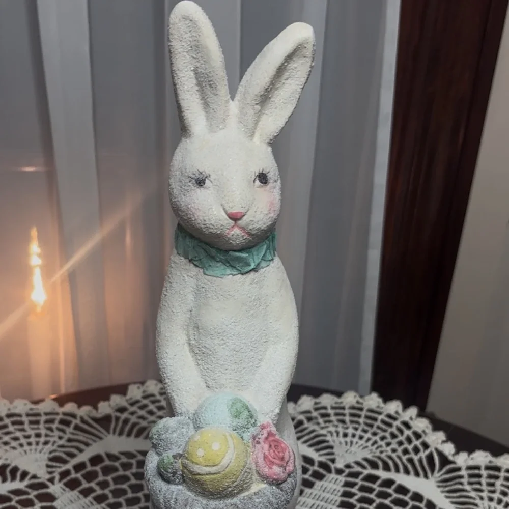 Vintage Rabbit Spring Easter Egg Basket Figurine Pier 1 White Pink Gray Blue